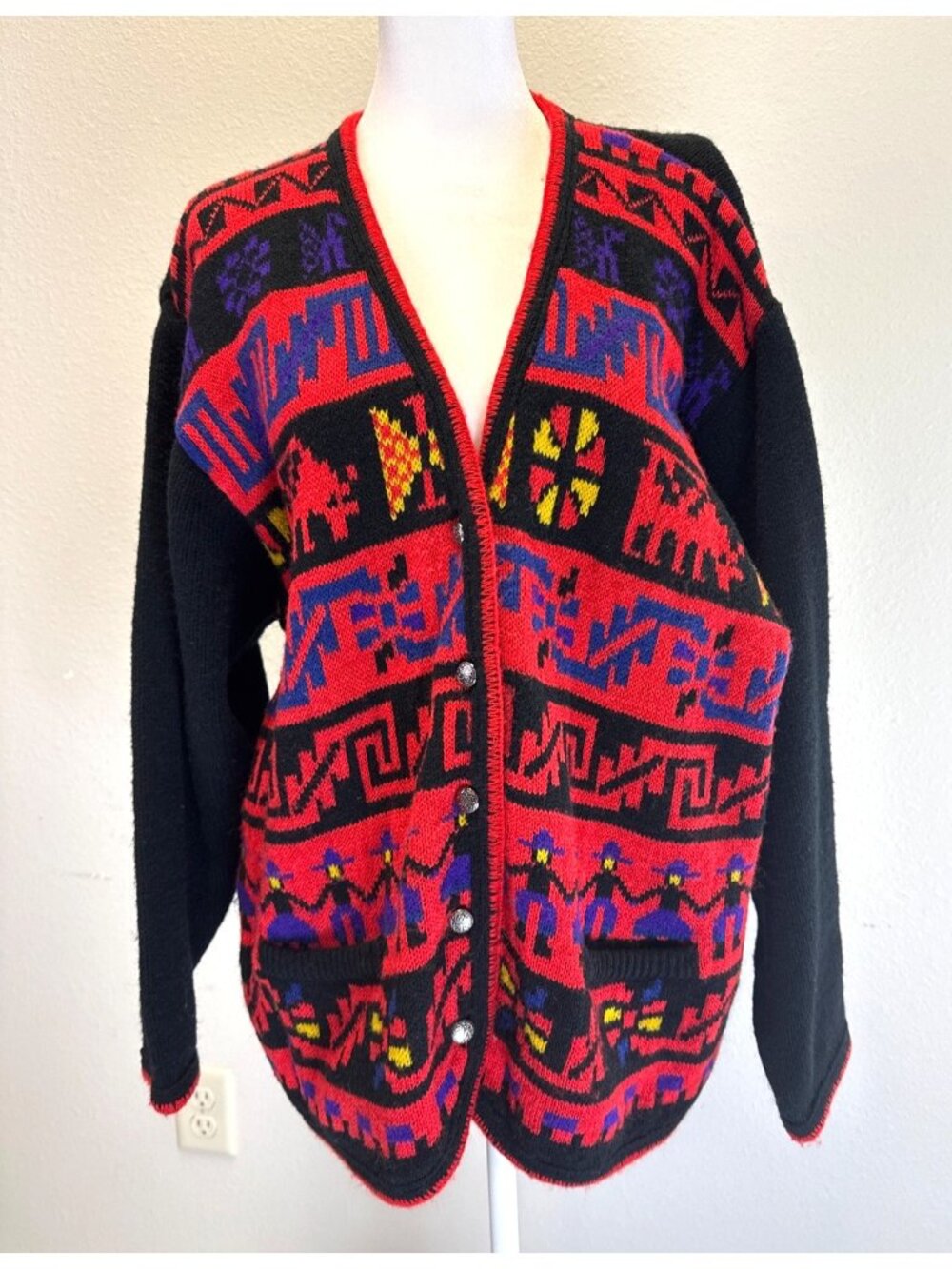 Vintage Studio Michelle Stuart Greek Key Style Cardigan Women's Large Colorful
